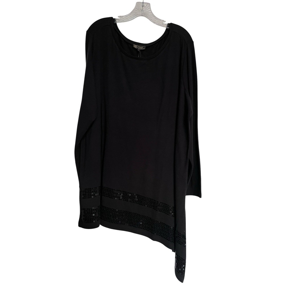 NWT DG2 by Diane Gilman Sz 3X Tunic Top Black Knit‎ Asymmetrical Hem Sequin Trim